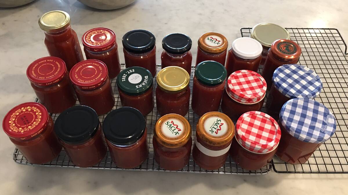 The 21 jars of tomato sauce just made by Alan Robertson. Picture by Alan Robertson