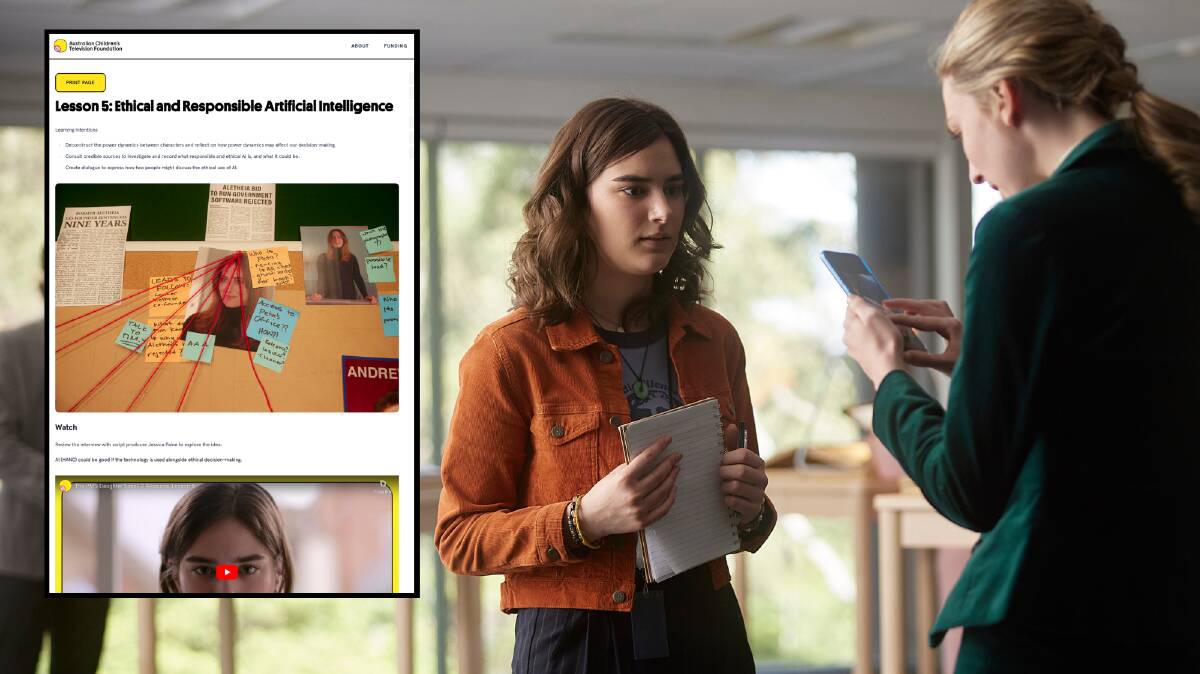 A still from The PM's Daughter feature Cat Perez (played by Cassandra Helmot). Inset: A screenshot of the learning modules being used in schools. Pictures supplied