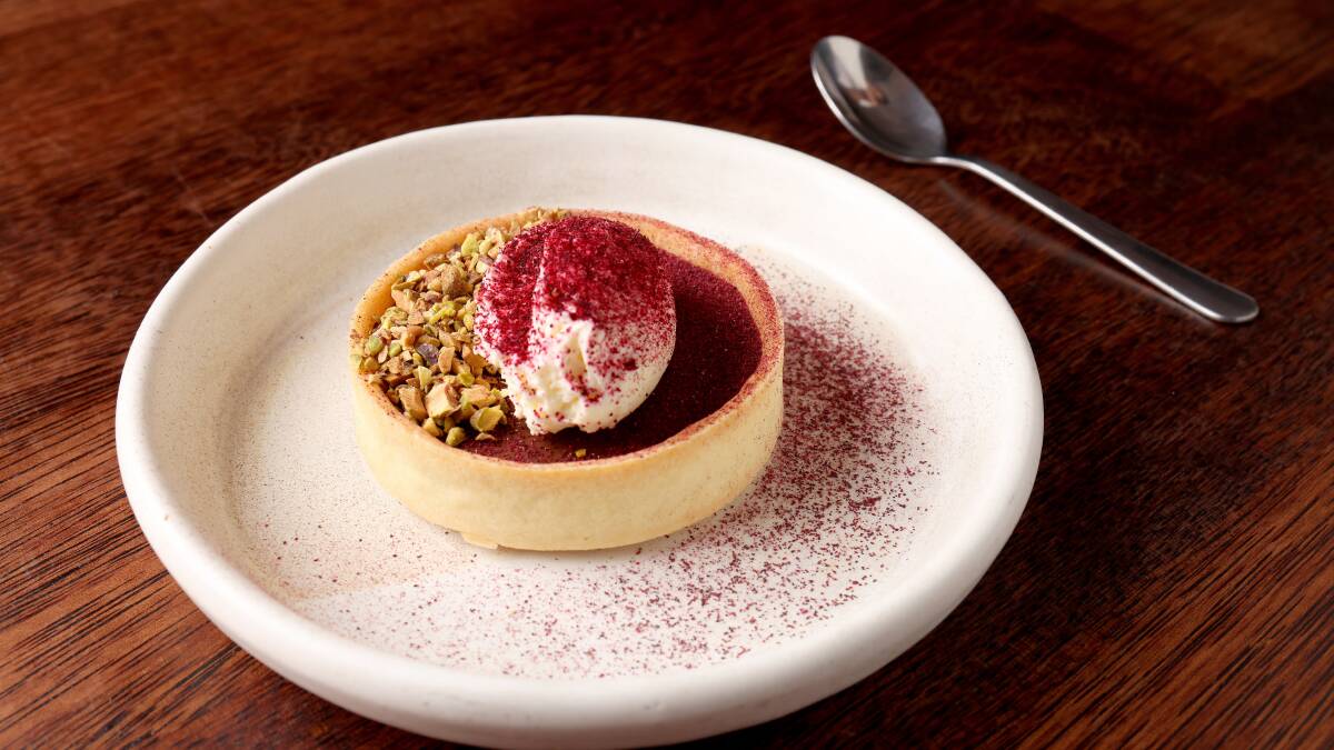 Chocolate tart with pistachio and hibiscus. Picture by James Croucher
