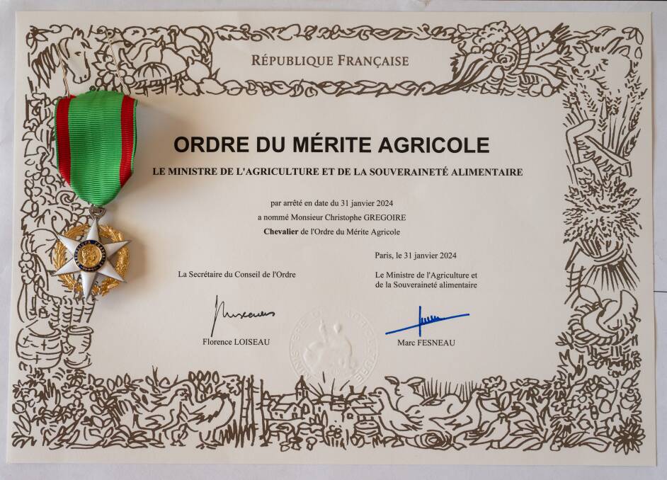 Christophe Gregoire's National Order of Agricultural Merit, or l'Ordre du Mérite Agricole. Picture by Elesa Kurtz
