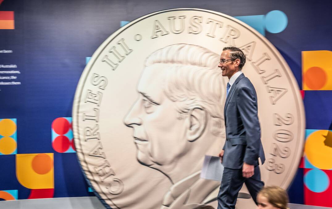 Assistant Minister for Treasury, Dr Andrew Leigh at the release of the new effigy of King Charles III at the Royal Australian Mint. The Mint will host an exhibition at CMAG next year. Picture by Karleen Minney.