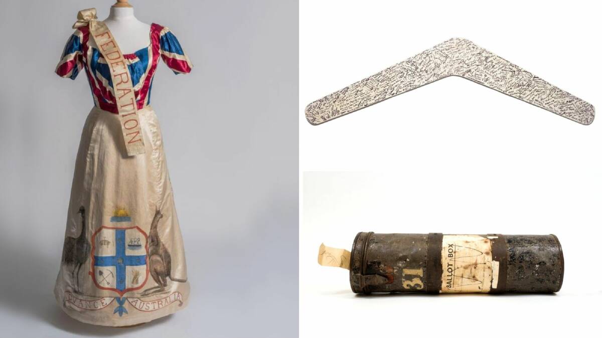 Items in the Blueprint exhibition, clockwise from left: Margaret Chisholms Federation dress. Boomerang petition made by Munganbana Norman Miller, 2013. Remote polling ballot box, used 1890-1910, designed to be carried by camel. Pictures supplied
