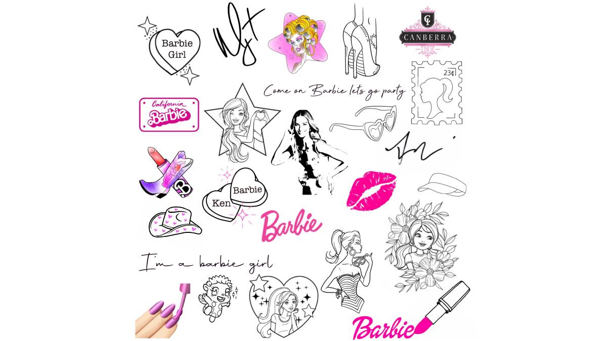 A selection of Barbie tattoos available to get at Canberra Ink, including Margot Robbie and Ryan Gosling's autographs. Picture supplied