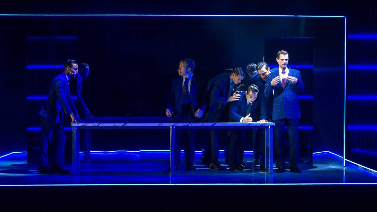 The famous business card scene from American Psycho - The Musical. Picture: Elesa Kurtz