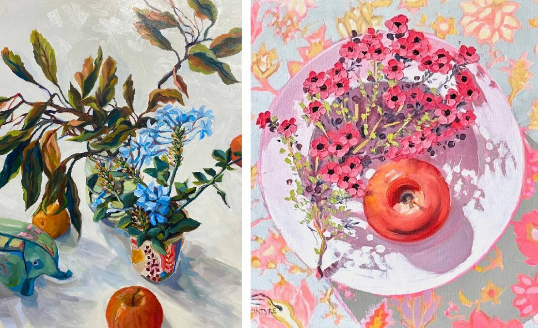 Jane Aliendi's Elephant & Plumbago, 2022, detail, and Kirsty McIntyre's Red Apple With Tea Tree, 2022, detail. Pictures supplied