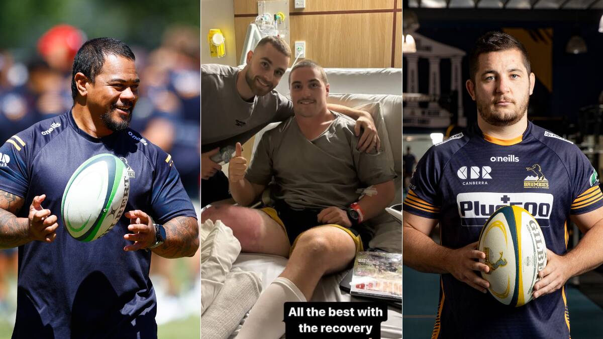 John Ulugia, left, is the Brumbies' scrum coach but may make a playing comeback after Lachlan Lonergan, middle, had surgery in Brisbane. Connal McInerney, right, is hoping to make his comeback from a neck injury.