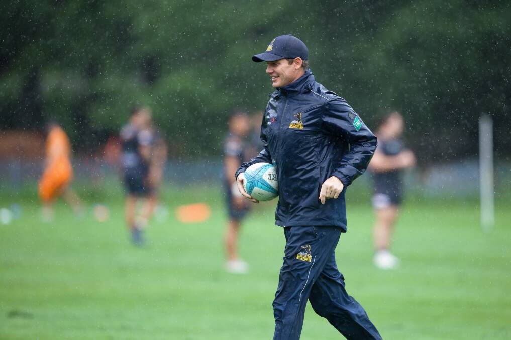 ACT Brumbies coach Stephen Larkham will work closely with flyhalf Noah Lolesio throughout the upcoming Super Rugby season. Picture by Sitthixay Ditthavong