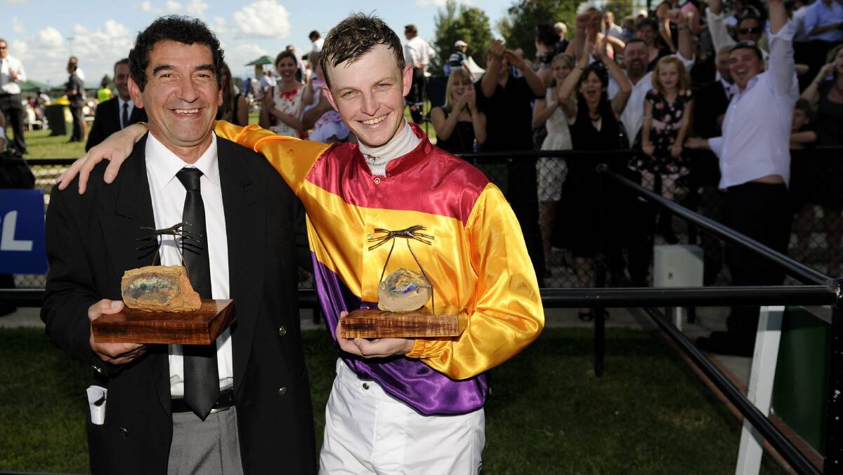 Gratz Vella with jockey Richard Bensley after winning the 2011 Black Opal with You're Canny. Picture by Stuart Walmsley