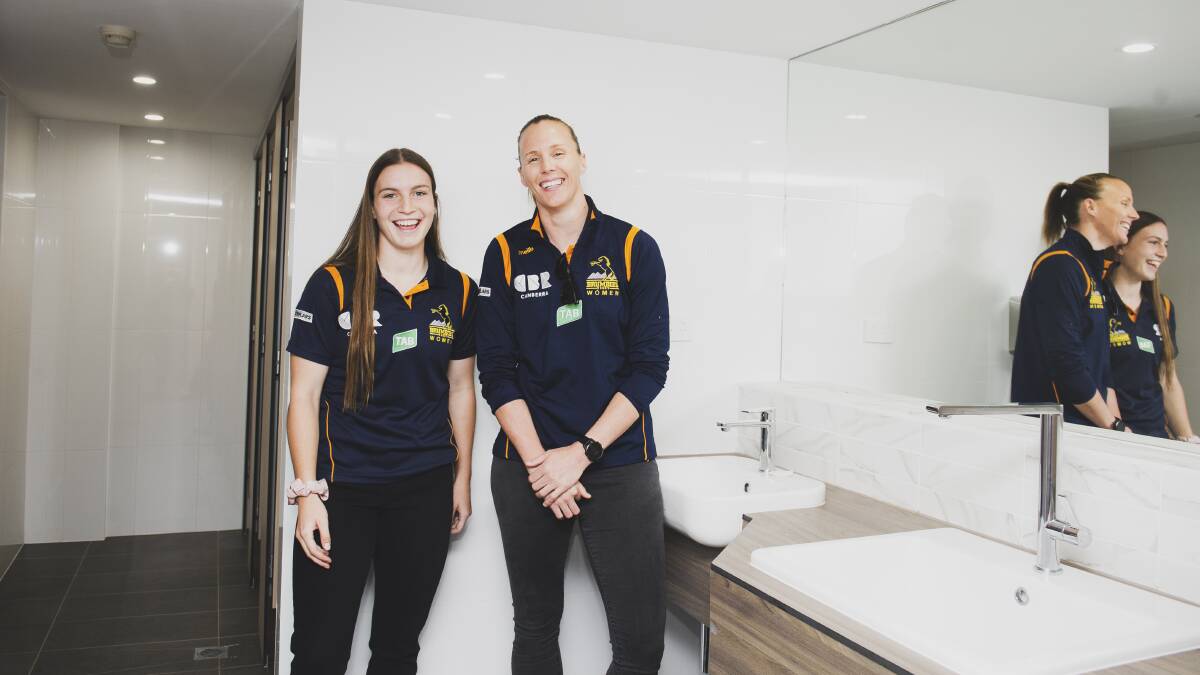 Brumbies players Ella Ryan, left, and Shellie Milward at the opening of the new-look Canberra Stadium change rooms. Picture: Dion Georgopoulos