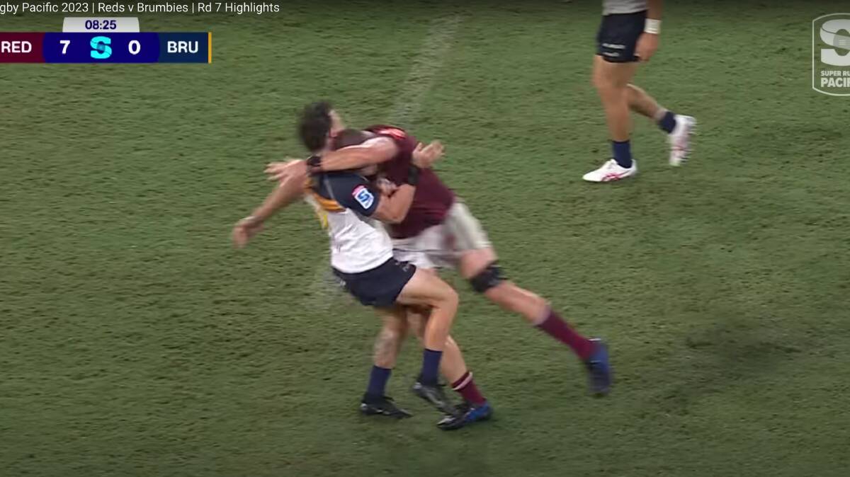 Angus Blyth was suspended for three weeks for this hit on Corey Toole. Picture Stan Sport