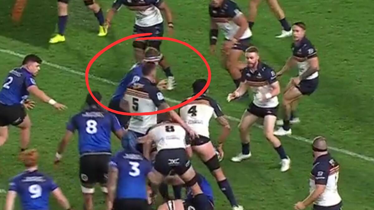 This offside play from the Blues led to a poor Brumbies kick. It went unpunished, and the Blues scored not long after. Picture Stan Sport