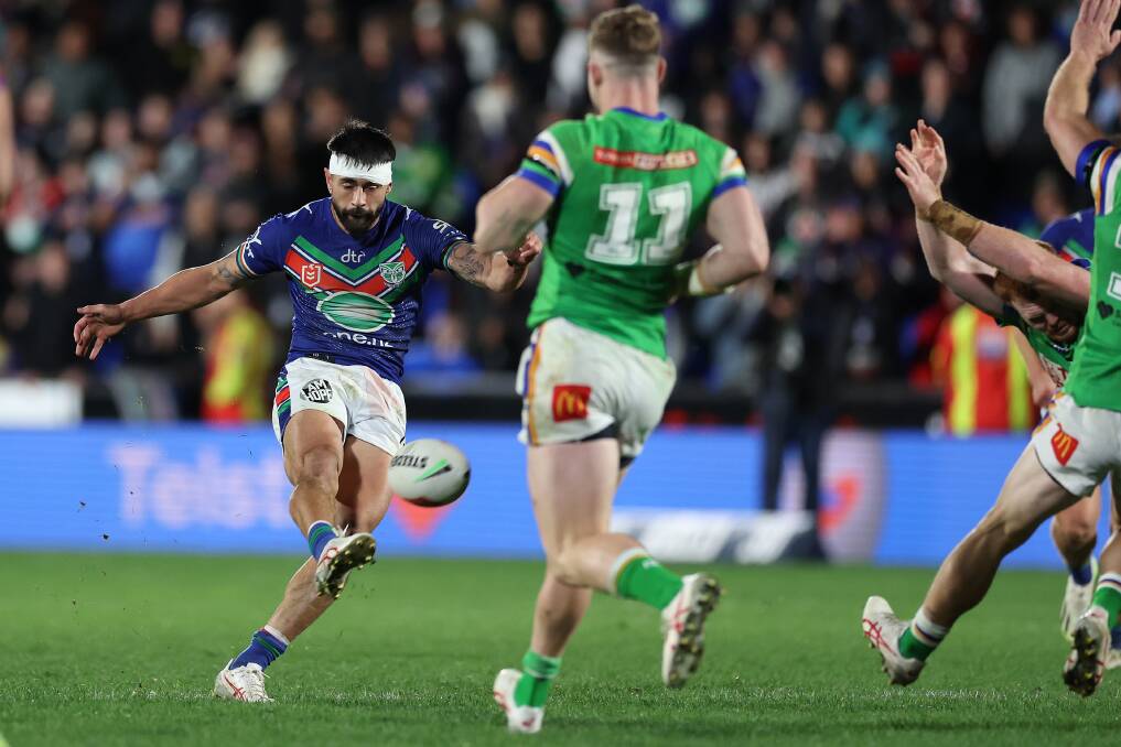  Shaun Johnson made the winning kick under plenty of pressure from the Raiders' defenders. Picture Getty Images