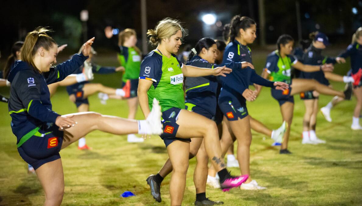 Tommaya Kelly-Sines with the Raiders NRLW team, training for the first time on Monday night. Picture by Elesa Kurtz