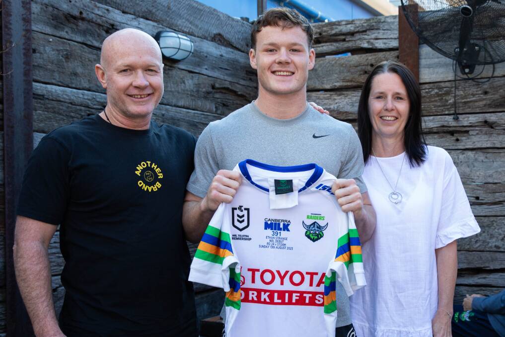 Ethan Strange was presented his debut NRL jumper by his parents John and Adele on Friday. Picture Raiders Media