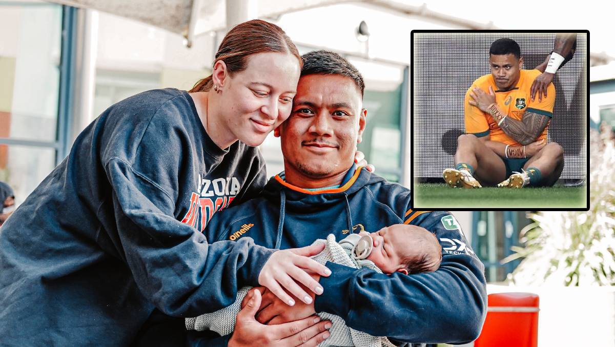 Wallabies centre Len Ikitau and partner Sammie welcomed baby Lennox to the world in March. Inset: Ikitau fractured his scapula in the recent loss to Argentina. Pictures ACT Brumbies Media and Getty Images