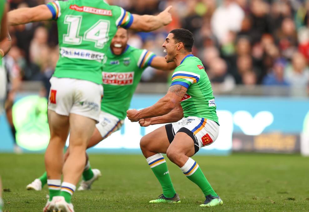Raiders halfback Jamal Fogarty celebrates his field goal in extra-time, to make it three wins in a row for the Green Machine. Picture Getty Images