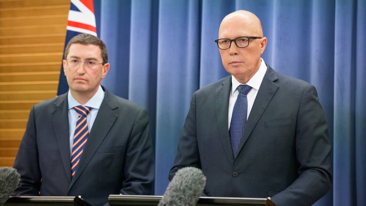 Julian Leeser, left, and Opposition Leader Peter Dutton. Picture by Sitthixay Ditthavong