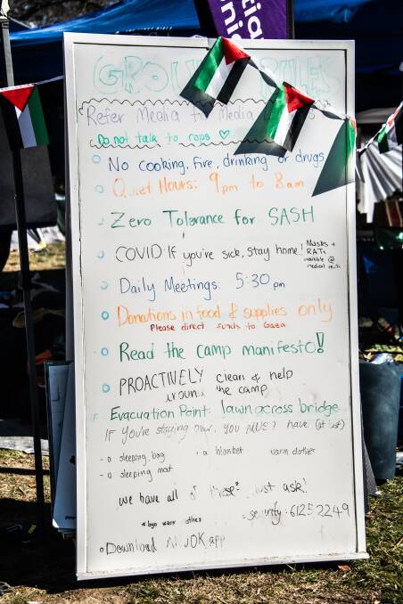 Ground rules at the ANU pro-Palestine camp. Picture by Karleen Minney