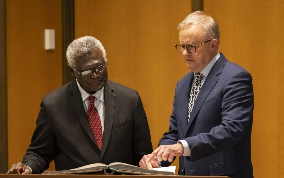 Solomon Islands Prime Minister Manasseh Sogavare met with Anthony Albanese on a brief visit to Canberra. Picture Getty Images