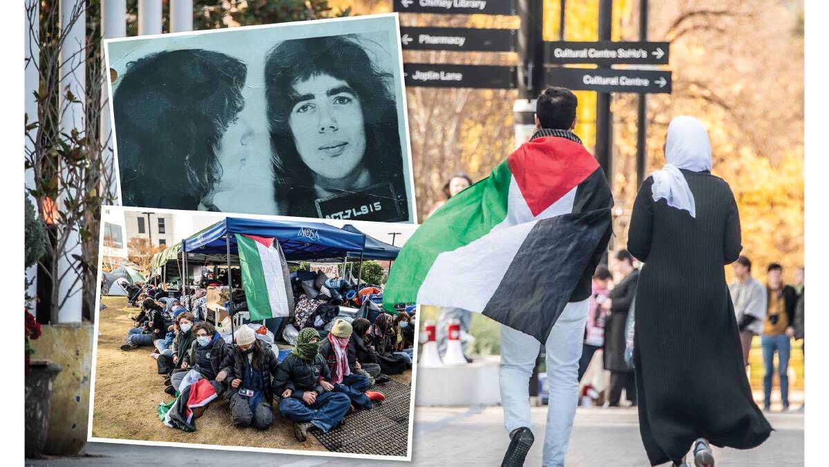 After a tense start to the week, the pro-Palestine encampment moved on without issue. Inset, Jack Waterford's mugshot Pictures by Karleen Minney, supplied 