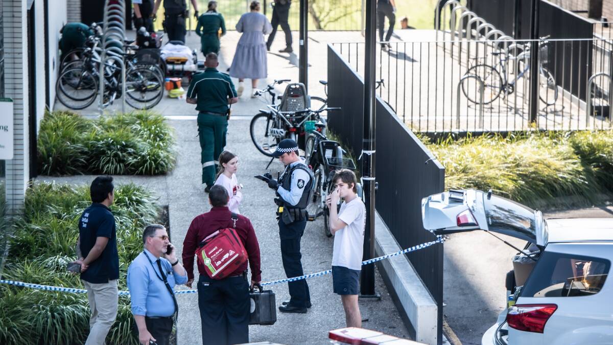 Police and paramedics on the scene at ANU last Monday. Picture by Karleen Minney