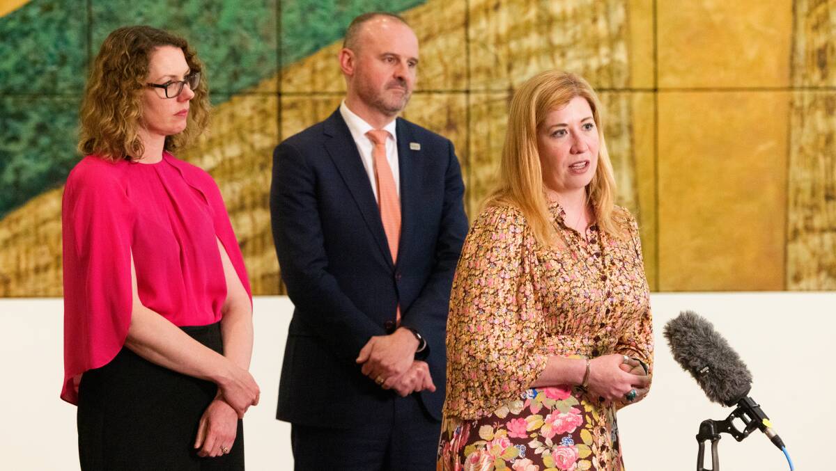 ACT Human Rights Minister Tara Cheyne, right, with Canberra MP Alicia Payne and ACT Chief Minister Andrew Barr when territory rights were restored last year. Picture by Sitthixay Ditthavong