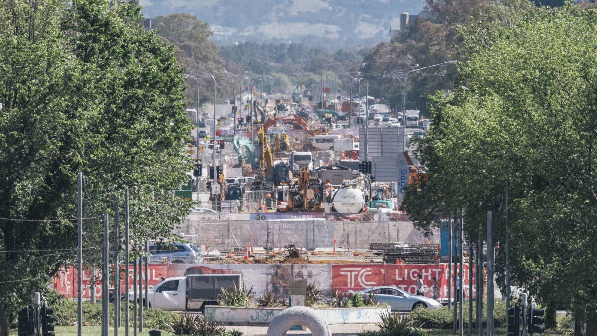 Light rail construction on Northbiurne Avenue extends far into the distance during stage 1. Picture by Rohan Thomson
