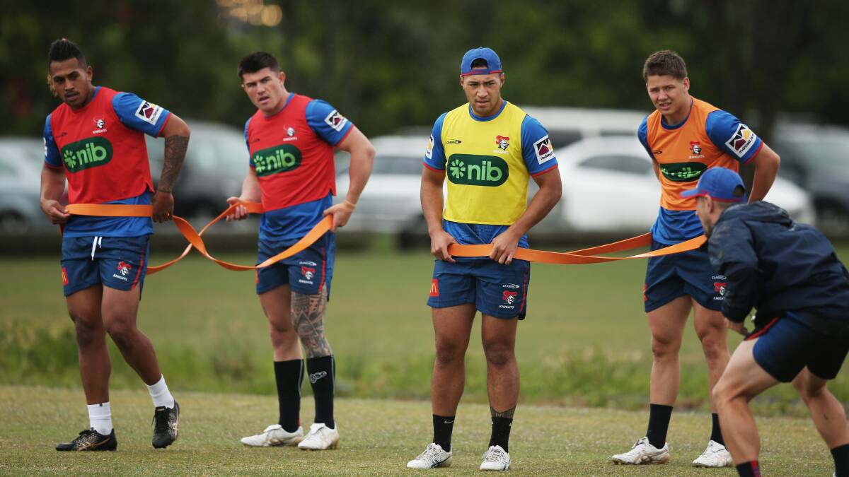 The Raiders are looking to bring Knights utility Simi Sasagi, second from right, to Canberra. Picture by Simone De Peak