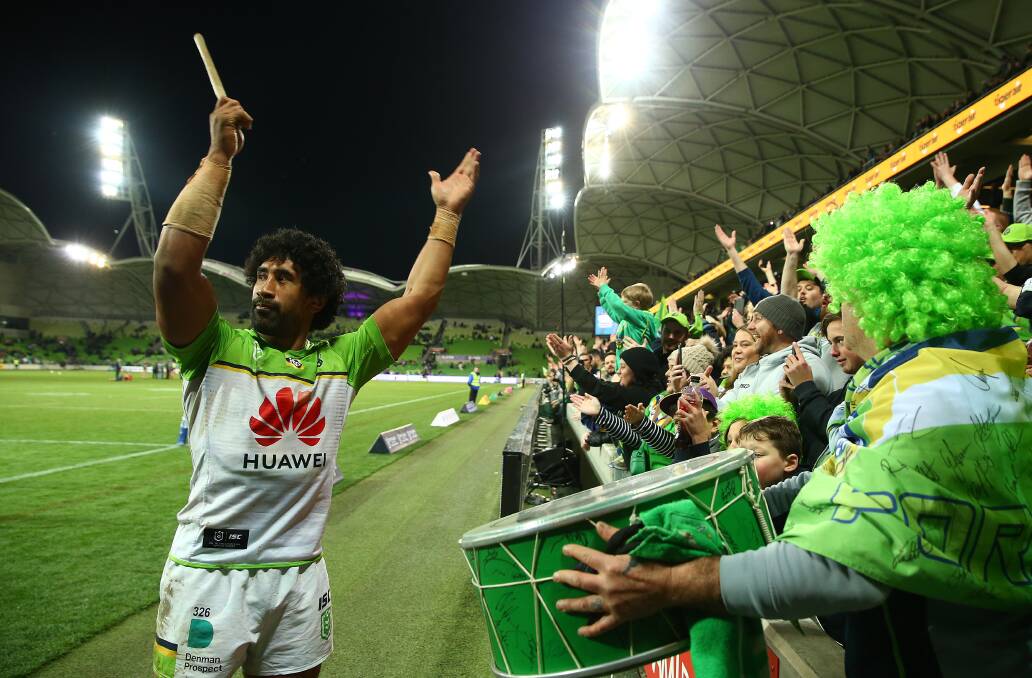 Sia Soliola leads the Raiders fans in the Viking Clap in Melbourne. Picture Getty Images