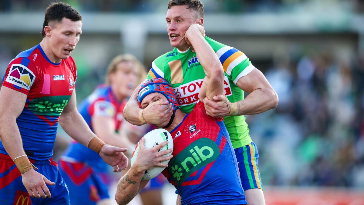 This was a rare time the Raiders were able to get a hold on Knights fullback Kalyn Ponga. Picture by Sitthixay Ditthavong
