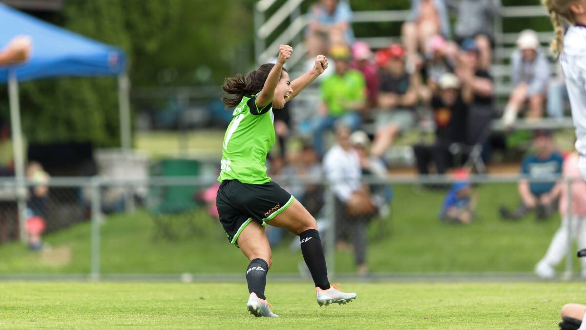 Canberra midfielder Vesna Milivojevic celebrates her goal on debut. Picture by Sitthixay Ditthavong