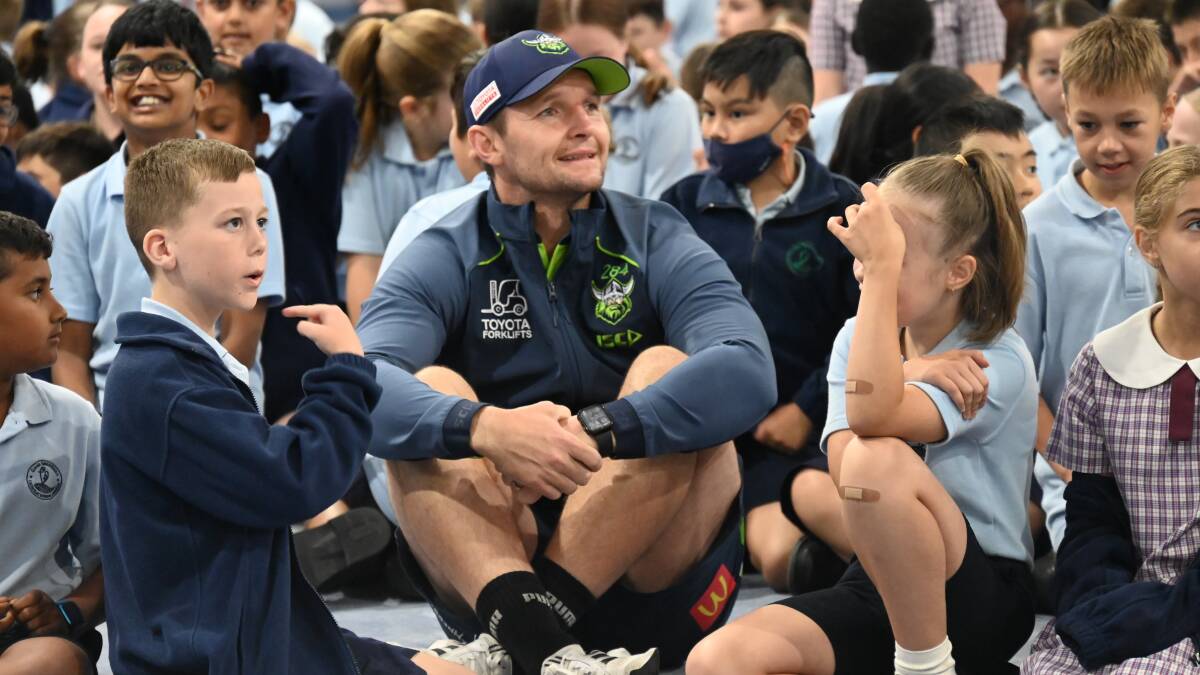 Raiders co-captain Jarrod Croker was out visiting Canberra and Queanbeyan schools with his teammates on Monday. Picture Raiders Media