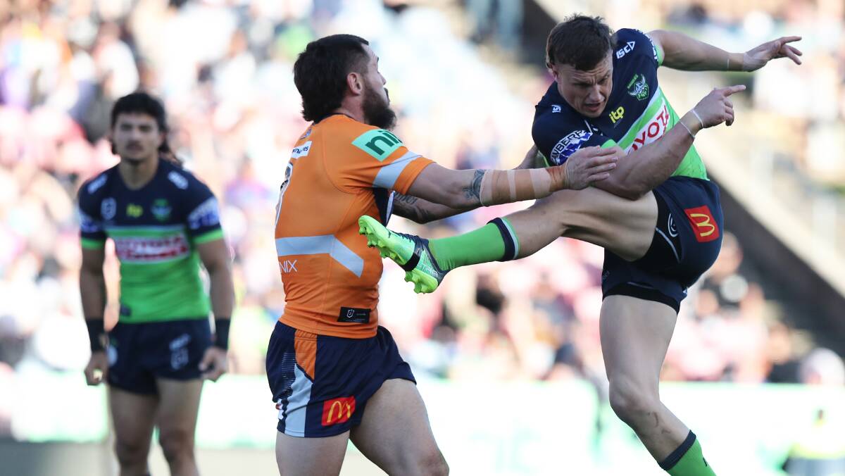 Raiders star Jack Wighton thought he'd nailed his 40-20 attempt that just sailed out on the full. Picture: Peter Lorimer