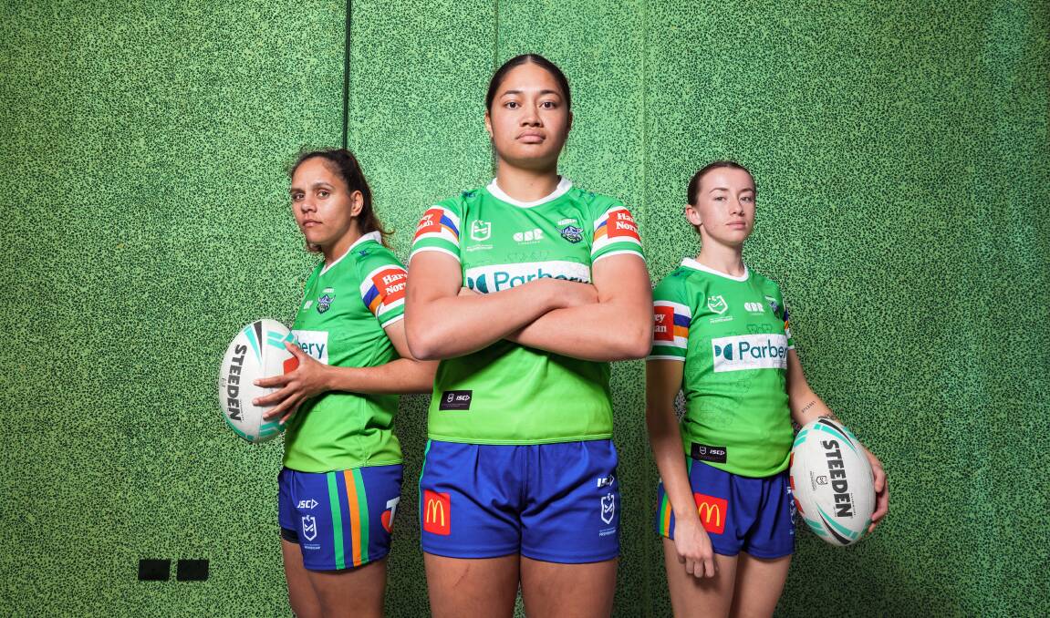 Shakiah Tungai, Monalisa Soliola and Emma Barnes were excited about the Raiders first NRLW home game. Picture by Sitthixay Ditthavong