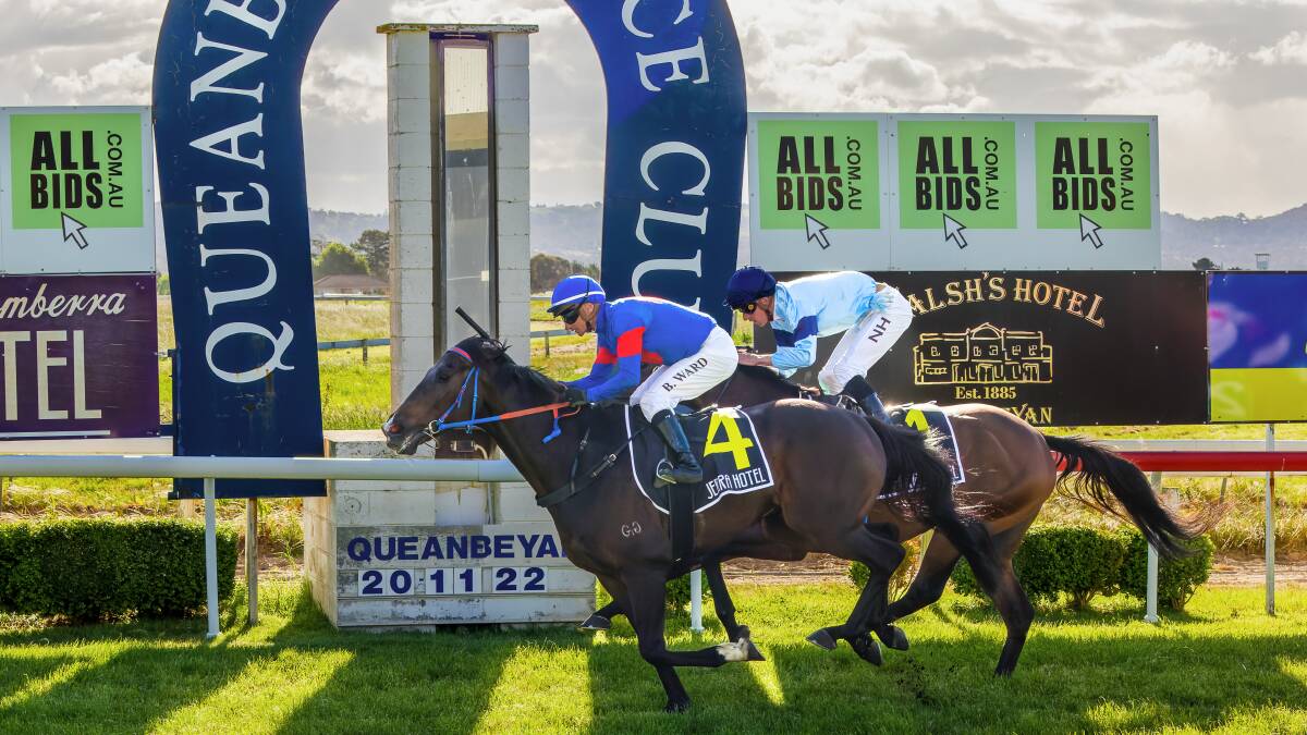 Nick Olive's Invincible Dash times his run perfectly to win the Queanbeyan Cup. Picture by Sitthixay Ditthavong
