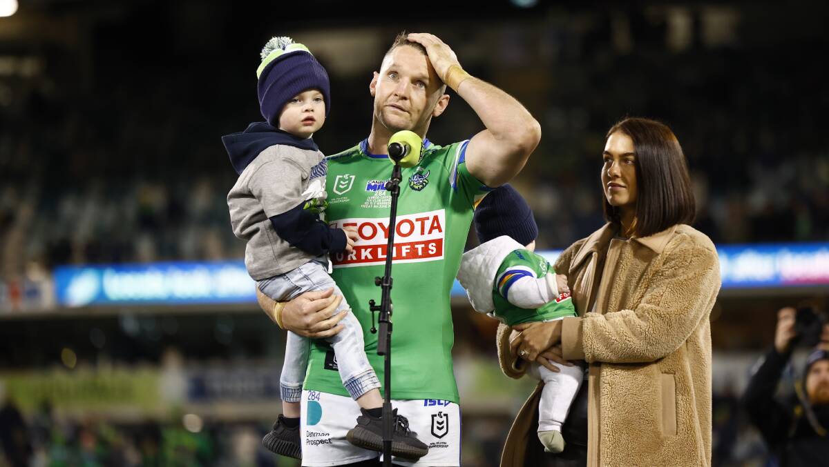 Jarrod Croker and his family at the post-game presentation. Picture by Keegan Carroll