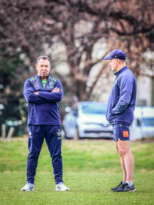 Raiders coach Ricky Stuart, left, is set to meet with Michael Maguire, right, on Monday. Picture by Karleen Minney