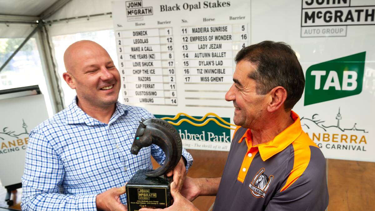 Canberra trainers Todd Smart and Gratz Vella at the Black Opal barrier draw in Civic on Thursday. Picture by Elesa Kurtz