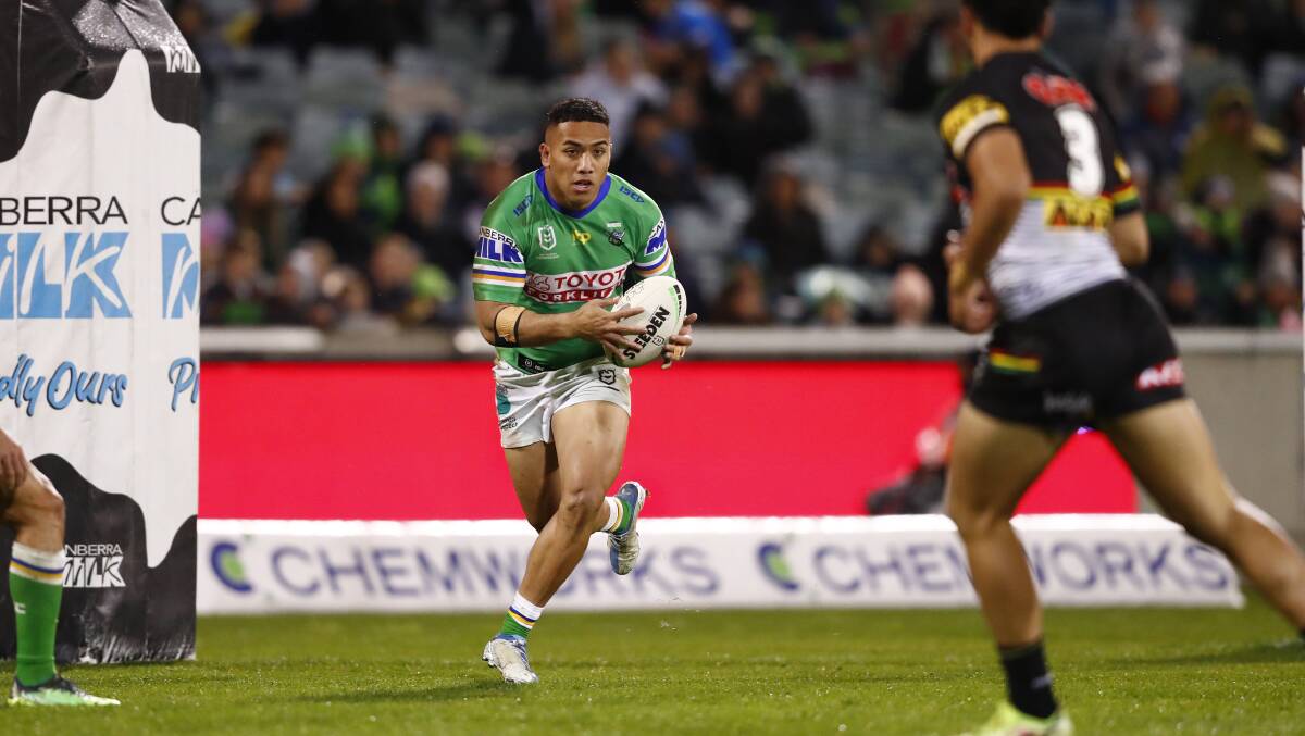 The way Albert Hopoate carries the football reminds Raiders coach Ricky Stuart of his father John. Picture by Keegan Carroll