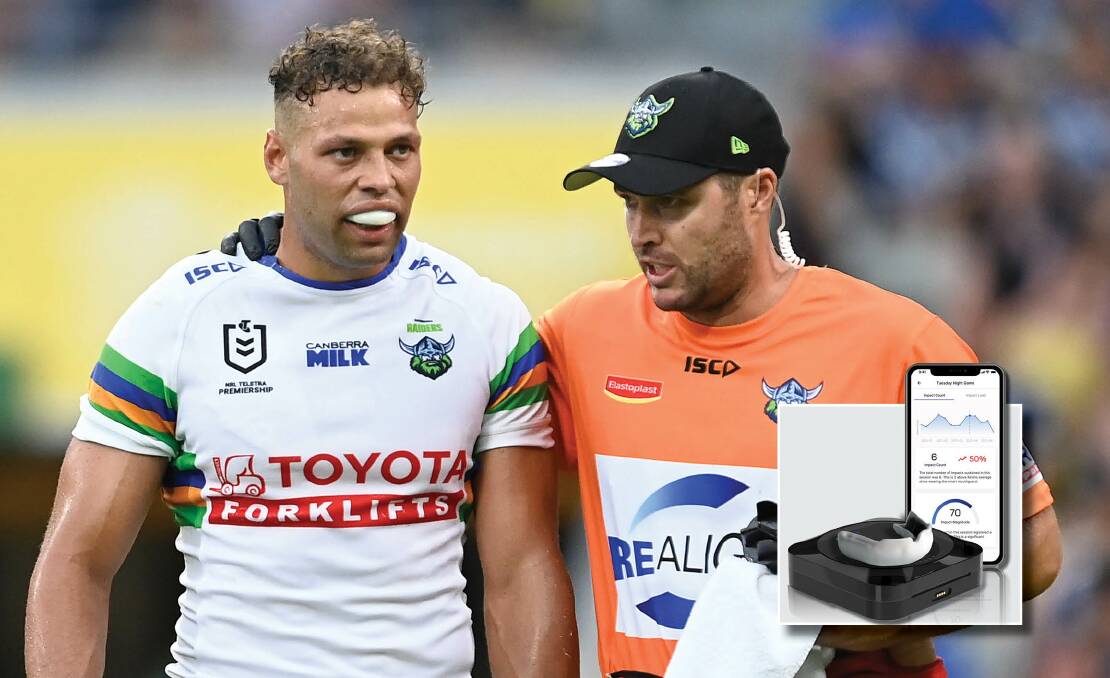 The Raiders, including fullback Sebastian Kris, helped trial a smart mouthguard (inset) that can help build a database of impacts and their severity throughout an NRL player's career. Picture Getty Images