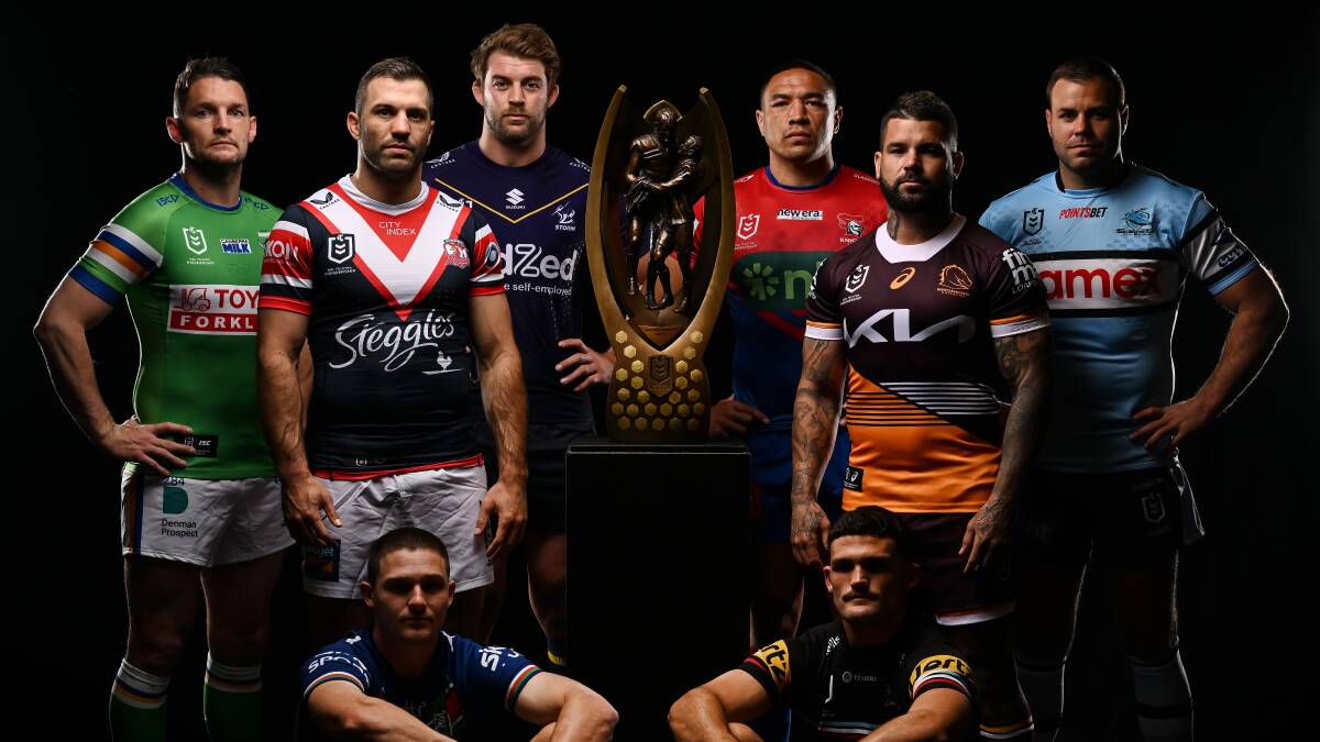 Raiders co-captain Jarrod Croker, left, at Monday's finals launch with James Tedesco (Rooster), Christian Welch (Storm), Tyson Frizell (Knights), Adam Reynolds (Broncos), Wade Graham (Sharks), Luke Metcalf (Warriors) and Nathan Cleary (Panthers). Picture NRL Images