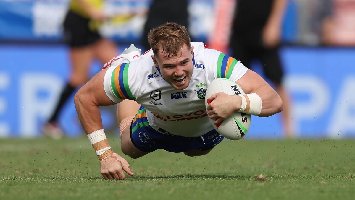 Raiders second-rower Hudson Young continued his run of scoring against Newcastle going. Picture Getty Images