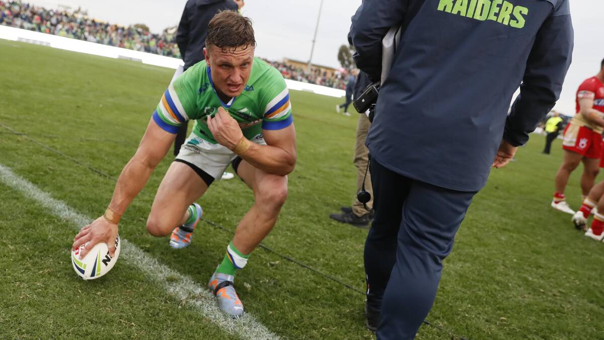 An emotional Jack Wighton after full-time against the Dolphins in Wagga Wagga. Picture by Les Smith