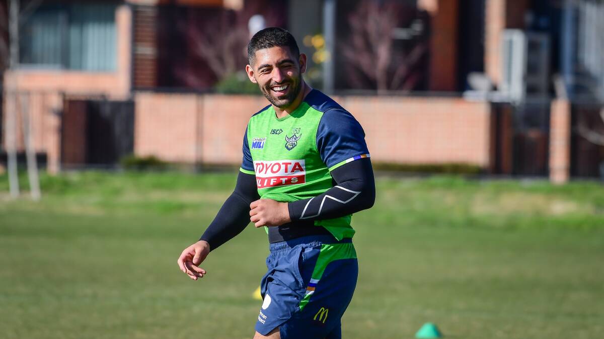 Raiders prop Emre Guler enjoys a laugh at training. He's been named in the Prime Minister's 13 squad. Picture by Karleen Minney