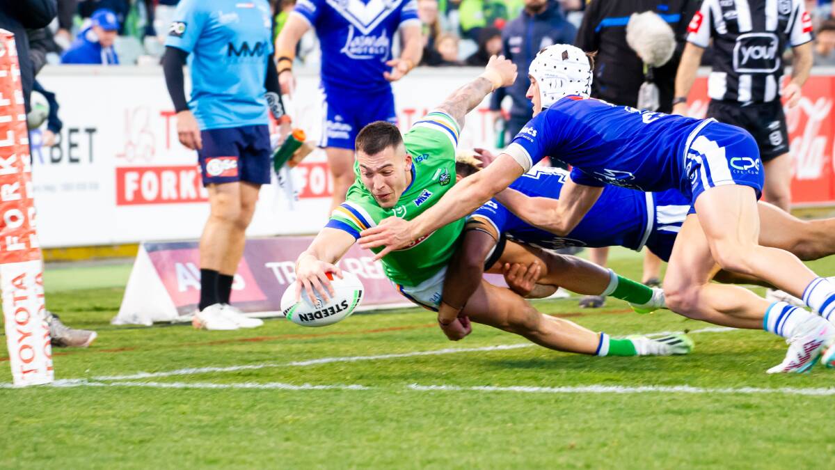 Raiders winger Nick Cotric scores his second try of the season to give the Green Machine a second-half lead they would never concede. Picture by Elesa Kurtz
