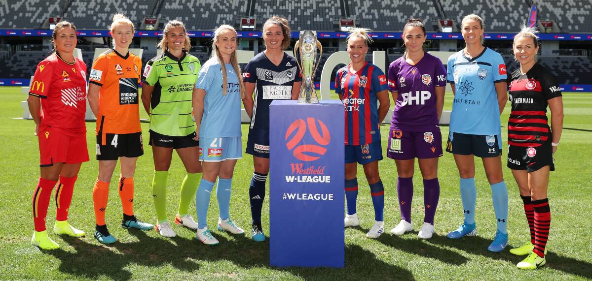 Katie Stengel and rival players at W-League launch. Picture: Getty