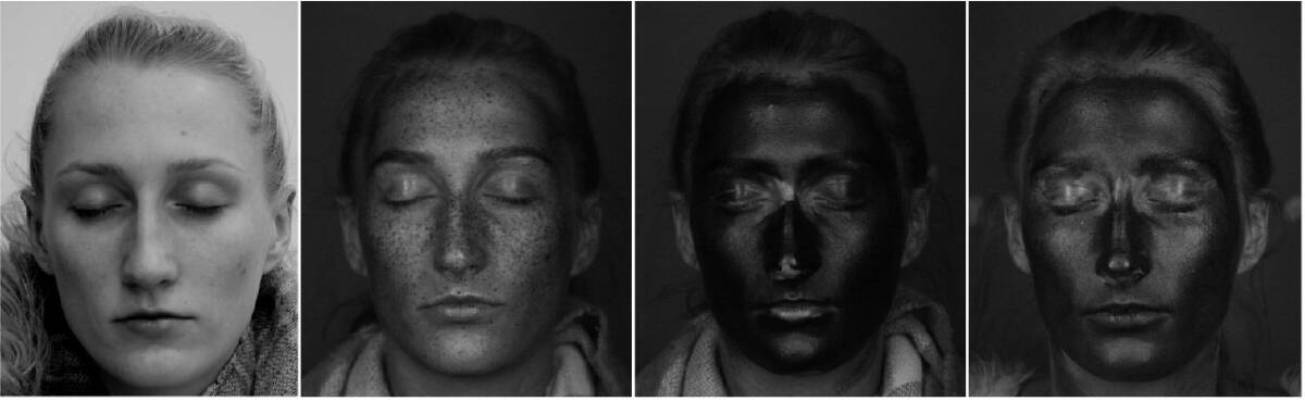UV photo after moisturiser with SPF application, left to right: conventional camera, UV-sensitive camera, sunscreen, SPF moisturiser. Photo: Austin McCormick