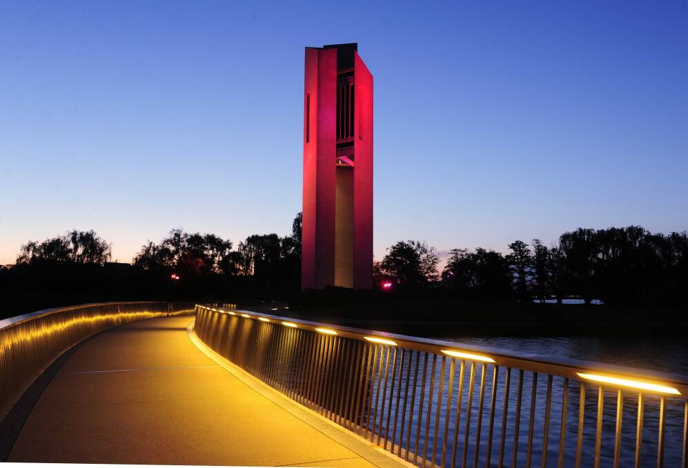The National Carillon lights up pink for Breast Cancer Awarness Month in October.  Photo: Melissa Adams