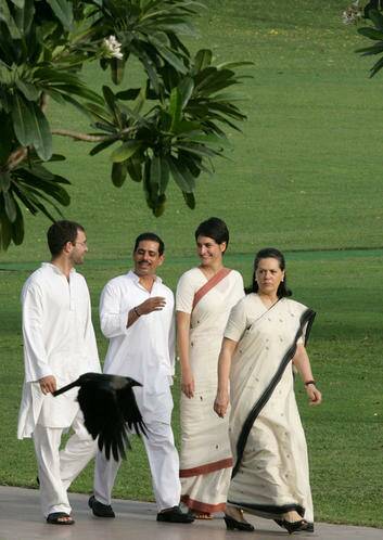 Congress Party head Sonia Gandhi during a 2009 walk in Delhi, followed by daughter Priyanka, son-in-law Robert Vadra and son Rahul. Photo: Reuters