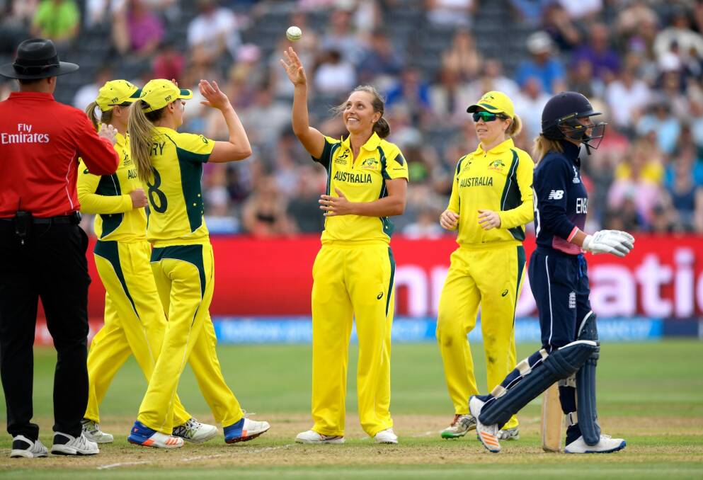 Ashleigh Gardner celebrates after dismissing England opener Tammy Beaumont. Photo: Getty Images
